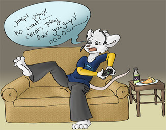 anthro arms_bent barefoot bent_legs beverage clothed clothing controller dialogue electronics feet food fully_clothed game_controller gaming headgear headphones headset hindpaw holding_controller holding_game_controller holding_object leg_over_edge male over_edge paws pizza plantigrade playing_video_game raised_leg solo speech_bubble tail text xbox_360_controller xbox_controller solaani microsoft xbox xbox_360 xbox_game_studios vanilla_(milkjunkie) mammal mouse murid murine rodent english_text