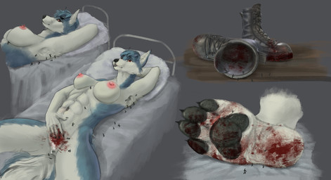 anthro blood bodily_fluids boots breasts clothing dominant dominant_female female footwear genitals gore group male male/female micro military nipples paws shoes soldier vulva warrior worship ozdra anna_morozova canid canine canis domestic_dog husky mammal nordic_sled_dog spitz absurd_res hi_res