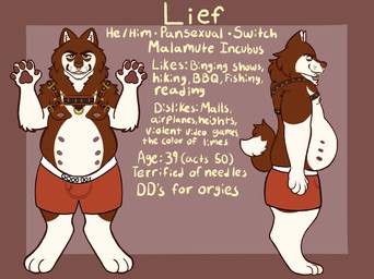 anthro belly blue_eyes clothing front_view fur grin grinning_at_viewer harness harness_only male multi_nipple multicolored_body multicolored_fur multiple_piercings nipples piercing side_view smile smiling_at_viewer solo standing text underwear honeydew_wolf lief_(anamazingkobold) alaskan_malamute canid canine canis demon domestic_dog mammal nordic_sled_dog spitz english_text hi_res model_sheet