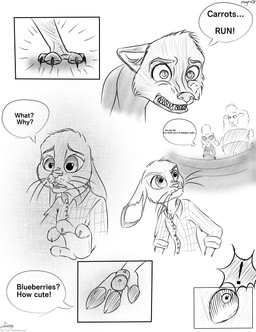 anthro bad_end blueberry_(fruit) female feral food fruit group gun male mocking night_howlers plant pleading_eyes ranged_weapon transformation_by_substance weapon moondaneka disney zootopia dawn_bellwether doug_ramses judy_hopps nick_wilde bovid canid canine caprine european_rabbit fox lagomorph leporid mammal oryctolagus rabbit red_fox sheep true_fox 2017 absurd_res hi_res monochrome
