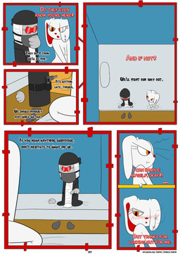 ambiguous_gender annoyed anthro bandage bandaged_head bed black_clothing black_coat black_topwear blush bottomwear breasts clothed clothing coat comic_panel dialogue doll duo eyewear eyewear_on_head female floating_hands fur furniture gesture glasses goggles grey_body grey_skin gun hand_gesture hat headgear headwear holster holstered_gun holstered_weapon kerchief long_ears looking_at_another looking_away mask multicolored_eyes on_bed pillow pointing ranged_weapon red_eyes red_inner_ear red_nose sitting sitting_on_bed stitch_(sewing) submachine_gun text topwear uzi weapon white_body white_fur yellow_eyes otakon_(artist) 2spot_studio bloody_bunny_(series) madness_combat bloody_bunny hank_j._wimbleton animate_inanimate lagomorph leporid living_doll mammal nevadean_(madness_combat) rabbit absurd_res comic digital_drawing_(artwork) digital_media_(artwork) english_text hi_res