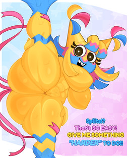 anthro big_breasts big_butt black_eyes blue_body blue_skin breasts butt candy dessert eyelashes female flexible food fur heart_eyes heart_symbol huge_butt looking_at_viewer multi_tail multicolored_body multicolored_fur one_leg_up open_mouth pinata pink_background pink_body pink_skin pink_tail raised_leg sharp_teeth simple_background solo splits spread_legs spreading tail talking_to_viewer teeth text tongue yellow_body yellow_skin fromariels blushcrunch_studio dandy's_world roblox yatta_(dandy's_world) animate_inanimate living_pinata toon_(dandy's_world) absurd_res english_text hi_res