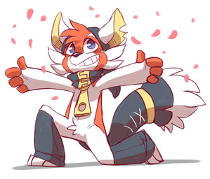 ambiguous_gender anthro arms_outstretched black_nose blue_eyes cheek_tuft chibi crotch_tuft facial_tuft grin head_tuft kneeling notched_ear on_one_knee petals pose simple_background smile solo tail tuft white_background yellow_inner_ear zipper yassui ailurid mammal red_panda 2014 cel_shading colored_sketch digital_drawing_(artwork) digital_media_(artwork) full-length_portrait portrait shaded sketch
