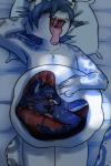 anthro bed belly big_belly blue_body blue_fur blush bodily_fluids duo eyes_closed fur furniture internal male male/male male_pred male_prey on_bed open_mouth saliva tongue tongue_out under_covers vore rainypaws nines_(nines) vyse_(psychowolvesbane) canid canine felid mammal pantherine snow_leopard hi_res