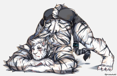anthro biped black_tail_tip clothed clothing dipstick_tail facial_scar fur hair male markings muscular muscular_anthro muscular_male one_eye_closed pawpads pink_pawpads scar shorts_only simple_background striped_body striped_fur stripes tail tail_markings topless white_body white_fur white_hair graysheartart arknights hypergryph studio_montagne mountain_(arknights) felid mammal pantherine tiger 2021 absurd_res colored hi_res