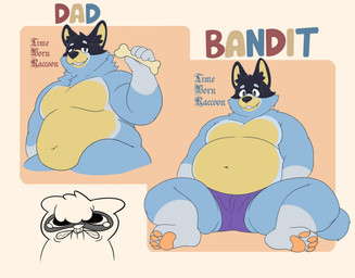 anthro belly big_belly bite biting_lip biting_own_lip bodily_fluids bone border clothed clothing duo eyebrows facial_piercing feet fur holding_object male moobs navel nose_piercing nose_ring overweight overweight_anthro overweight_male pawpads piercing ring_piercing self_bite simple_background sitting smile soles solo_focus tan_background tan_border tears text thick_thighs topless topless_anthro topless_male tuft underwear underwear_only timewornraccoon bluey_(series) bandit_heeler australian_cattle_dog canid canine canis cattledog domestic_dog herding_dog mammal pastoral_dog procyonid raccoon 2023 artist_name character_name english_text hi_res