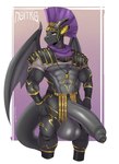 anthro armor armwear aroused balls big_balls big_penis black_body clothing faulds genitals golden_accessories grey_body headgear helmet horn hyper jewelry male mature_male muscular necklace penis piercing rome solo tail wings yellow_eyes noitro mythology dragon mythological_creature mythological_scalie scalie 2025 hi_res