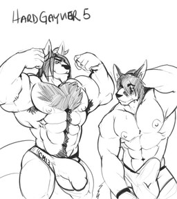 abs anthro armpit_hair big_bulge blush bodily_fluids body_hair briefs bulge chest_hair clothed clothing comparing detailed_bulge duo erection erection_under_clothing flexing genital_outline genitals looking_at_genitalia looking_at_penis male muscular muscular_male penis penis_outline standing sweat underwear komboochie kangaroo macropod mammal marsupial monochrome