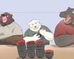 anthro brown_body brown_fur clothing eyes_closed food fur group kemono male overweight overweight_male shirt surprise topwear inunoshippo bear canid canine canis common_hippopotamus domestic_dog hippopotamid mammal 2022 5:4 hi_res