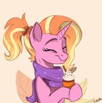 beverage coffee container cup eyes_closed female feral hair highlights_(coloring) holding_object horn inner_ear_fluff leaf orange_hair pink_body ponytail scarf smile solo tuft rutkotka friendship_is_magic hasbro my_little_pony mythology luster_dawn_(mlp) equid equine horse mammal mythological_creature mythological_equine pony unicorn 2020 signature