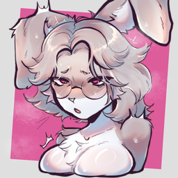 anthro blush bodily_fluids breasts cleavage clothed clothing ears_down eyelashes eyewear female fur glasses grey_body grey_fur grey_hair hair looking_at_viewer pink_eyes pivoted_ears simple_background solo sweat topless white_body white_fur h0t-garbage lagomorph leporid mammal rabbit 1:1 hi_res portrait shaded signature