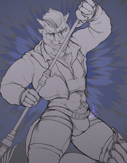 anthro armor biped body_hair bulge clothing crop_top eyewear front_view glasses holding_object holding_staff holding_weapon jacket legwear looking_at_viewer male melee_weapon polearm pubes shirt solo spear staff thick_thighs thigh_highs topwear unconvincing_armor v-neck weapon geno28 final_fantasy final_fantasy_xiv square_enix felid hrothgar mammal digital_drawing_(artwork) digital_media_(artwork) hi_res portrait signature three-quarter_portrait watermark
