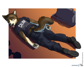 anthro boots bottomwear clothed clothing footwear fur half-closed_eyes lying male narrowed_eyes on_front one_eye_closed open_mouth pants shirt shoes solo tail text text_on_clothing text_on_shirt text_on_topwear tired tongue tongue_out topwear foxboy83 canid canine canis mammal wolf 5:4 digital_media_(artwork) english_text hi_res