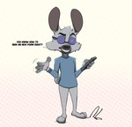 anthro bottomless buckteeth cheek_tuft clothed clothing dialogue eyewear facial_tuft fur glasses grey_body grey_fur holding_object looking_at_viewer male simple_background solo talking_to_viewer teeth text tuft wearing_glasses white_background inoby spacebunz mr._t._wink lagomorph leporid mammal rabbit 2021 english_text hi_res