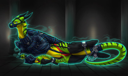 anthro armbinder binder_(restraint) bondage_gear bound clothing cuff_(restraint) duo female feral green_body green_scales latex latex_clothing legwear markings muzzle_(object) panties restraints scales stockings striped_markings stripes tail tail_cuff tail_tied underwear wingbinders wrist_cuffs ammylin mythology adhara dragon mythological_creature mythological_scalie scalie 5:3 hi_res