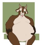 2_horns anthro belly bent_arm big_belly black_nose bovid_horn brown_body brown_fur brown_horn brown_tail caprine_horn closed_smile featureless_chest fingers fur goat_horn green_eyes holding_belly horizontal_pupils horn male male_anthro moobs mouth_closed multicolored_body multicolored_fur navel nude_anthro nude_male obese obese_anthro obese_male overweight overweight_anthro overweight_male pink_tongue pupils simple_background sitting smile solo tail tongue two_tone_tail white_body white_fur white_inner_ear white_tail theannoyingnpc greg_(theannoyingnpc) bovid caprine goat mammal 2017 digital_drawing_(artwork) digital_media_(artwork) english_description flat_colors hi_res