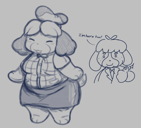 anthro bottomwear breasts clothed clothed_anthro clothed_female clothed_male clothing collared_shirt dress_shirt duo eyes_closed female gesture hand_gesture looking_at_viewer male overweight overweight_anthro overweight_female shirt skirt smile solo_focus speech_bubble standing text thumbs_up topwear oofmasterxd animal_crossing nintendo digby_(animal_crossing) isabelle_(animal_crossing) canid canine canis domestic_dog mammal shih_tzu toy_dog english_description english_text hi_res monochrome sibling_(lore) twins_(lore)