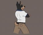 anthro arched_back belt black_body black_fur black_nose black_tail bottomwear butt butt_pose clothed clothing countershade_face countershade_tail countershading crossed_arms denim denim_bottomwear denim_clothing eyebrows fully_clothed fur furgonomics grey_background grey_bottomwear grey_clothing half-closed_eyes jeans khaki_pants khakis looking_at_viewer looking_back male multicolored_body multicolored_fur narrowed_eyes pants pose rear_view shirt simple_background solo standing t-shirt tail tan_body tan_countershading tan_fur tan_tail teeth topwear two_tone_body two_tone_fur two_tone_tail white_clothing white_topwear rotten_robbie canid canine canis dobermann domestic_dog mammal pinscher flat_colors hi_res