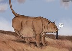 belly clothing cloud fatal_vore feet female feral fur grass grey_nose outside overweight overweight_female overweight_feral plant solo tail tan_body tan_fur text toes vore walking zero_pictured pardusliberty felid lion mammal pantherine english_text