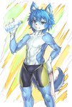 anthro athletic blue_body blue_eyes blue_hair bottle bottomwear bulge clothed clothing container fur gloves_(marking) hair hand_on_hip holding_object holding_towel kemono male markings multicolored_body muscular narrowed_eyes navel nipples shorts solo spandex spandex_shorts tight_bottomwear tight_clothing tight_shorts topless towel two_tone_body two_tone_tail water_bottle white_body white_fur nayoshi744 canid canine fox mammal 2018 digital_media_(artwork) hi_res