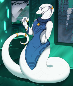 ambiguous_gender anthro apode clothing jewelry legless looking_at_viewer open_mouth raining science_fiction serpentine smile solo tail katauni draconcopode naga reptile scalie digital_media_(artwork) hi_res