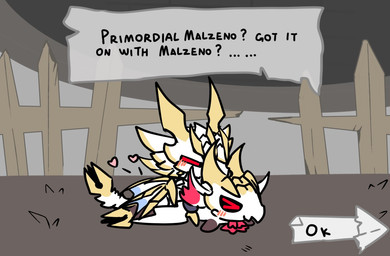 blush blush_lines doggystyle duo emanata female fence feral from_behind_position grass heart_symbol horn hud male male/female outside outside_sex parody plant red_eyes sex speech_bubble text toony yellow_horn negativezm617 capcom mewgenics monster_hunter elder_dragon malzeno primordial_malzeno 2026 digital_drawing_(artwork) digital_media_(artwork) english_text