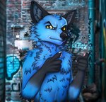 alley anthro blue_body blue_fur detailed_background fur gesture graffiti hand_gesture male pointing pose solo yellow_eyes wolfrayay canid canine canis domestic_dog mammal absurd_res colored digital_drawing_(artwork) digital_media_(artwork) half-length_portrait hi_res portrait shaded