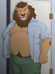 anthro belly bottomwear bulge clothed clothing kemono male moobs nipples open_clothing open_shirt open_topwear overweight overweight_male pants shirt solo topwear inotetu felid lion mammal pantherine 2023 hi_res