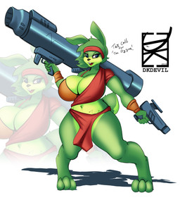 3_toes anthro barefoot big_breasts blue_eyes breasts buckteeth clothed clothing crossgender digitigrade feet female fur green_body hair kerchief looking_at_viewer mtf_crossgender ranged_weapon rocket_launcher simple_background smile solo teeth text thick_thighs toes weapon dkdevil epic_games jazz_jackrabbit_(series) jazz_jackrabbit hare lagomorph leporid mammal absurd_res hi_res