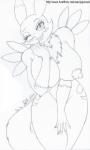 anthro areola big_breasts breasts erect_nipples facial_markings female fur head_markings looking_at_viewer markings nipples nude one_eye_closed smile solo text wink jojocoso bandai_namco digimon canid canine digimon_(species) mammal renamon 2013 3:5 hi_res monochrome url