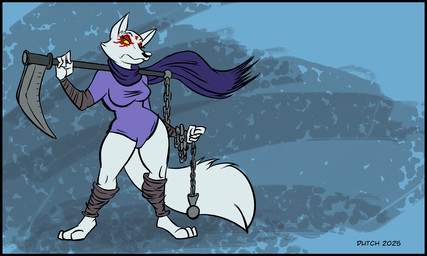 anthro bandage bandaged_arm bandaged_leg black_border bodypaint border chain clothed clothing face_paint female fur holding_object holding_weapon mouth_closed scarf solo standing tail weapon dutch_(artist) teenage_mutant_ninja_turtles alopex canid canine fox mammal 2025 5:3 hi_res signature