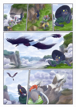 ambiguous_gender anthro biped black_body black_feathers black_fur black_tail blue_sky climbing clothed clothing cloud day feathers feral flying fur grass grey_body group hat headgear headwear holding_object male outside plant proboscis_(anatomy) rock sky tail trio trunk_(anatomy) bjekkergauken imbali_(bjekkergauken) isilo_(bjekkergauken) avian bird elephant elephantid mammal proboscidean unknown_species 2025 comic hi_res