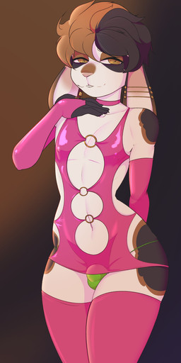 anthro armwear ball_bulge biped black_body black_fur bridal_gauntlets brown_body brown_eyes brown_fur brown_hair bulge clothed clothed_anthro clothed_male clothing crossdressing cutout detailed_bulge ear_piercing ear_ring femboy fingers front_view fur gradient_background green_clothing green_panties green_underwear hair half-closed_eyes hand_on_collar industrial_piercing latex latex_clothing latex_topwear legwear long_ears looking_at_viewer male narrowed_eyes o-ring panties piercing pink_armwear pink_clothing pink_legwear pink_thigh_highs pink_topwear pose ring_piercing seductive simple_background skimpy small_waist smile solo standing text thigh_highs topwear underwear white_body white_fur paraepa lagomorph leporid mammal rabbit 2022 absurd_res artist_name hi_res portrait three-quarter_portrait