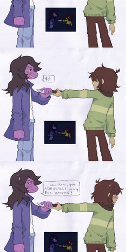 adolescent anthro blush blush_lines bodily_fluids bottomwear brown_bottomwear brown_clothing brown_hair brown_pants clothed clothing denim denim_bottomwear denim_clothing duo female freckled_face freckles hair jacket jeans knife male pants purple_body purple_clothing purple_jacket purple_topwear simple_background smile sweat sweatdrop text topwear young szivarvanyturmix deltarune undertale_(series) kris_dreemurr susie_(deltarune) human mammal reptile scalie 2025 absurd_res english_text hi_res reference_image