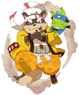 anthro clothed clothing duo humanoid_hands leaf male one_eye_closed simple_background slightly_chubby wink shirokumaou sengoku_puzzle momochi_sandayuu amphibian canid canine frog mammal raccoon_dog tanuki 2015