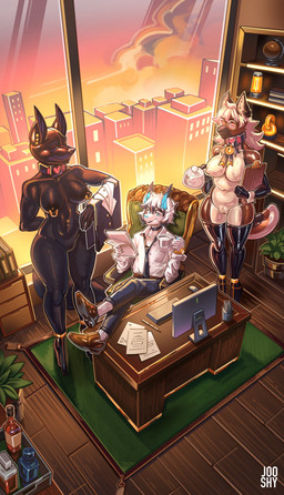 anthro armwear ballet ballet_high_heels bdsm big_breasts black_clothing black_highlights black_latex black_legwear black_skinsuit black_thigh_boots black_thigh_highs blue_eyes boots bottle breasts brown_body brown_fur clothing collar container control_collar cup dancewear desk dominant dominant_anthro dominant_male drone elbow_gloves eyewear female footwear fur furniture genitals gimp gimp_mask gimp_suit glasses gloves group hair handwear heart_eyes heart_symbol high_heeled_boots high_heels highlights_(coloring) holding_container holding_cup holding_object latex latex_armwear latex_boots latex_clothing latex_elbow_gloves latex_footwear latex_gloves latex_handwear latex_legwear latex_thigh_boots latex_thigh_highs legwear male mask mind_control multicolored_body multicolored_fur multicolored_hair nipple_piercing nipples office piercing shoes sitting skinsuit standing submissive submissive_anthro submissive_female suit table tail tan_body tan_fur tan_hair thigh_boots thigh_highs tight_clothing translucent translucent_bodysuit translucent_latex translucent_skinsuit trio two_tone_body two_tone_fur two_tone_hair vulva wearing_glasses white_body white_fur white_hair jooshy elfriede monifa nox_(yajuu) anubian_jackal canid canine canis domestic_dog felid feline german_shepherd herding_dog jackal mammal pastoral_dog 2026 absurd_res hi_res