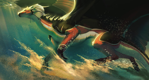 bracelet claws feet feral fin green_eyes horn jewelry lights looking_at_another male markings multicolored_body muscular nature nature_background raised_wings scale_markings scales scenery solo spine swimming tail thorns water wings slappyshottest mythology ayrrenth dragon mythological_creature mythological_scalie reptile scalie hi_res