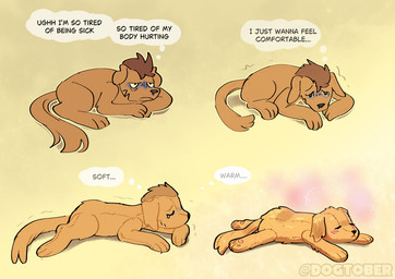 anthro blush blush_lines bodily_fluids brown_body brown_fur feral fur lying male on_front plushie plushification shaking simple_background solo tail tears text transformation trembling yellow_background dogtober tobi_(dogtober) canid canine canis domestic_dog mammal comic digital_media_(artwork) english_text sequence