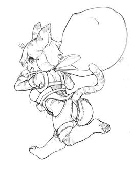 anthro barefoot butt claws clothed clothing fangs feet female fur holding_object looking_back open_mouth pawpads running sack simple_background skimpy solo teeth toe_claws white_background rapel cygames world_flipper mia_(world_flipper) felid mammal pantherine tiger 3:4 black_and_white digital_drawing_(artwork) digital_media_(artwork) hi_res monochrome sketch
