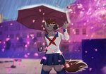 anthro blurred_background bottomwear brown_eyes brown_hair clothing femboy fur grey_body grey_fur hair legwear male markings raining skirt solo stockings thick_thighs umbrella white_markings painkirito dallas_prairiewind equid equine horse mammal