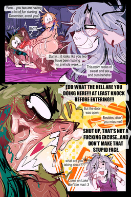 2_panel_comic anthro antlers big_butt big_penis bite_mark_on_arm bite_mark_on_shoulder blonde_hair blush blush_lines bodily_fluids bottom_heavy brown_body brown_fur butt clothing cum cum_drip cum_in_mouth cum_inside cum_on_face dialogue dot_eyes dripping erection fangs femboy fur genital_fluids genitals green_hair grey_body grey_fur grey_hair hair horn huge_butt huge_penis humanoid_genitalia humanoid_penis humor larger_sub long_hair male nude pear-shaped_figure penis profanity raccoon_tail_hair shirt shortstack shortstack_male simple_eyes size_difference slightly_chubby slightly_chubby_anthro slightly_chubby_male smile smirk smug smug_face smug_grin speech_bubble stubble submissive t-shirt tan_body tan_fur tears teary_eyes teeth text thick_thighs topwear vein veiny_penis walk-in wide_eyed wide_hips gat0pussy24 demi_(gat0pussy24) eddy_(gat0pussy24) lake_(gat0pussy24) deer lagomorph leporid mammal procyonid rabbit raccoon comic english_text hi_res nonbinary_(lore)