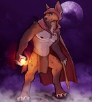 absurd_res anthro beard bearded biped bottomwear cape casting_spell clothing facial_hair hi_res hood hood_up hyena ineffective_clothing ineffective_loincloth loincloth magic magic_user male mammal muscular muscular_male night spell spells staff whiskerdoodles