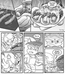 anthro apron bodily_fluids clothing dialogue drooling duo food gloves handwear hat headgear headwear male outside saliva speech_bubble tail text tongue tongue_out yanimae sega sonic_the_hedgehog_(series) shadow_the_hedgehog sonic_the_hedgehog eulipotyphlan hedgehog mammal black_and_white comic english_text hi_res monochrome