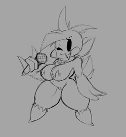 anthro anthrofied beakless bib big_breasts blush blush_stickers breasts chibi electronics fangs feathers female microphone mostly_nude naturally_censored nipple_tuft non-mammal_breasts one_eye_closed shortstack smile solo tail tail_feathers teeth thick_thighs tuft wide_hips wink xytora five_nights_at_freddy's five_nights_at_freddy's_2 scottgames toy_chica_(fnaf) avian bird chicken galliform phasianid black_and_white greyscale hi_res monochrome