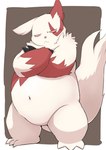 anthro belly biped chubby_cheeks fur kemono navel pink_nose red_body red_fur simple_background slightly_chubby solo white_body white_fur shirokumaou nintendo pokemon generation_3_pokemon pokemon_(species) zangoose 2024 hi_res