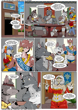 anthro beak female fur furniture grey_body grey_fur group inside male sitting speech_bubble table text fidchellvore avian canid canine canis mammal wolf 2025 comic english_text
