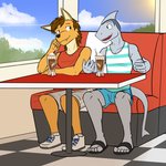 anthro beverage bottomwear clothed clothing diner duo flip_flops footwear fully_clothed male restaurant sandals shirt shoes shorts sitting tank_top topwear fuze texnatsu ian_dela_cruz mond_reyes canid canine canis coyote fish mammal marine shark 1:1 hi_res