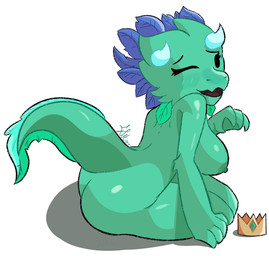 anthro areola big_breasts blush blush_lines breasts butt claws crown feathers female glistening glistening_body green_body headgear horn looking_at_viewer nipples non-mammal_breasts non-mammal_nipples nude one_eye_closed open_mouth sitting smile solo tail tail_feathers thick_thighs usnug wink winking_at_viewer sstarr princess_and_conquest kobold_princess kobold scalie hi_res signature