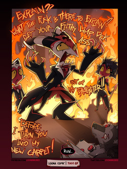 anthro anthro_on_anthro black_hair caught_in_the_act dialogue eye_scar facial_scar female fire hair male male/female red_eyes scar shocked text conditional_dnp loonanudes hellaverse helluva_boss mythology blitzo_(helluva_boss) loona_(helluva_boss) millie_(helluva_boss) moxxie_(helluva_boss) vortex_(helluva_boss) canid canid_demon canine demon hellhound imp mammal mythological_canine mythological_creature 3:4 comic hi_res
