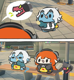 2_horns 3d_background :d accessory angry bench blue_body blue_skin bodily_fluids chibi chips_(food) day dot_eyes eating eating_chips eating_food eyes_closed female female_feral female_humanoid feral food grey_necktie group hair head_tail holding_chips_(food) holding_food holding_object horn humanoid_pointy_ears living_tail long_hair long_tail necktie not_furry on_bench open_mouth open_smile orange_hair outside pointy_ears simple_eyes sitting sitting_on_bench smile speech_bubble sweat sweatdrop tail trio unusual_anatomy unusual_tail white_hair yellow_eyes superappleman asian_mythology east_asian_mythology japanese_mythology mihoyo mythology zenless_zone_zero magus_(zenless_zone_zero) orphie_magnusson soukaku chimera demon demon_humanoid humanoid oni yokai 2koma 3d_(artwork) comic digital_drawing_(artwork) digital_media_(artwork) hi_res mixed_media